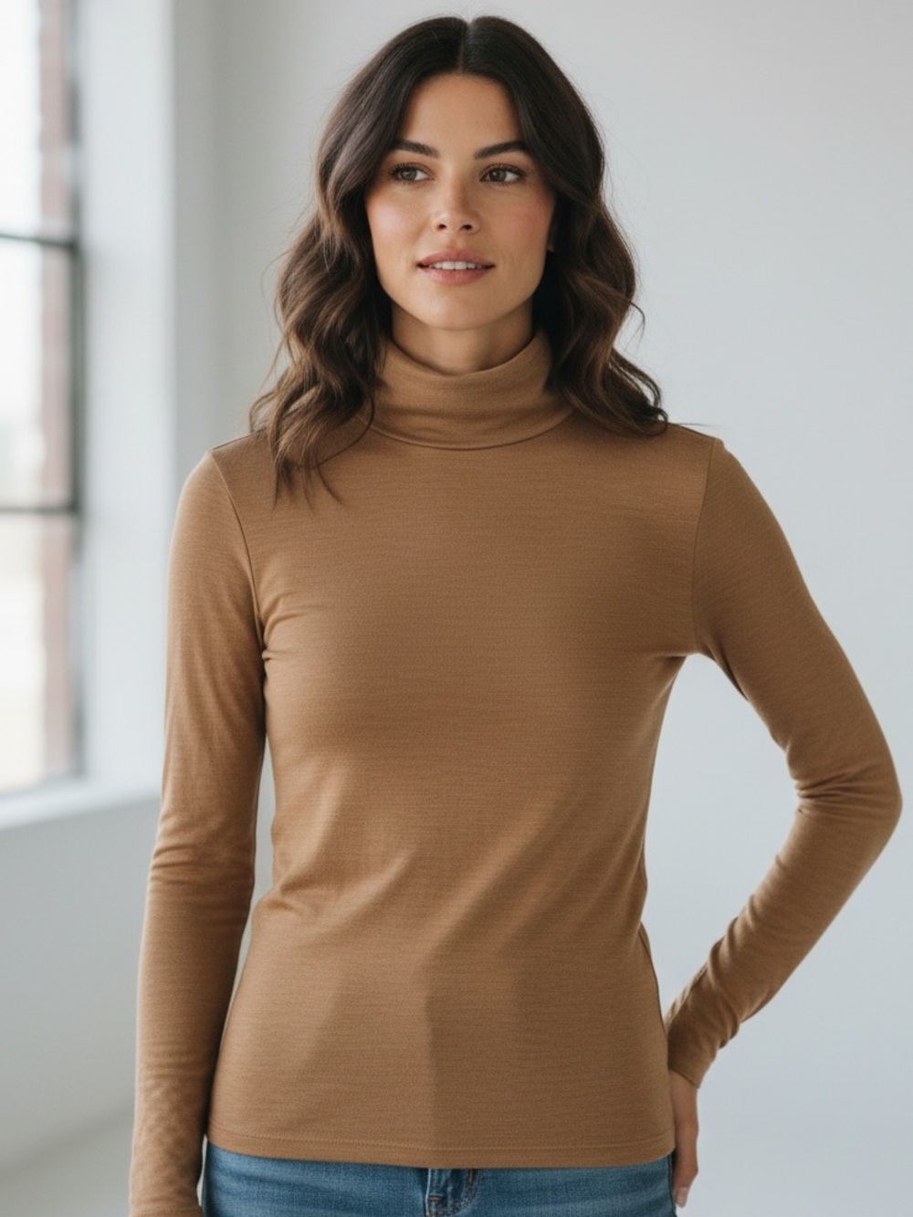 COS Camel Brown Long & Lean Slim Fit Turtleneck Sweater